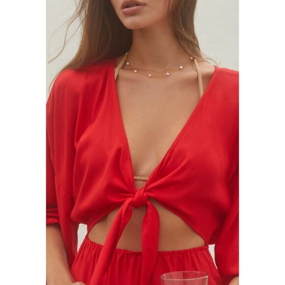 By Anthropologie Tie-Front Cover-Up Dress V Neck Red Long Slit Midi XXS - Picture 3 of 11